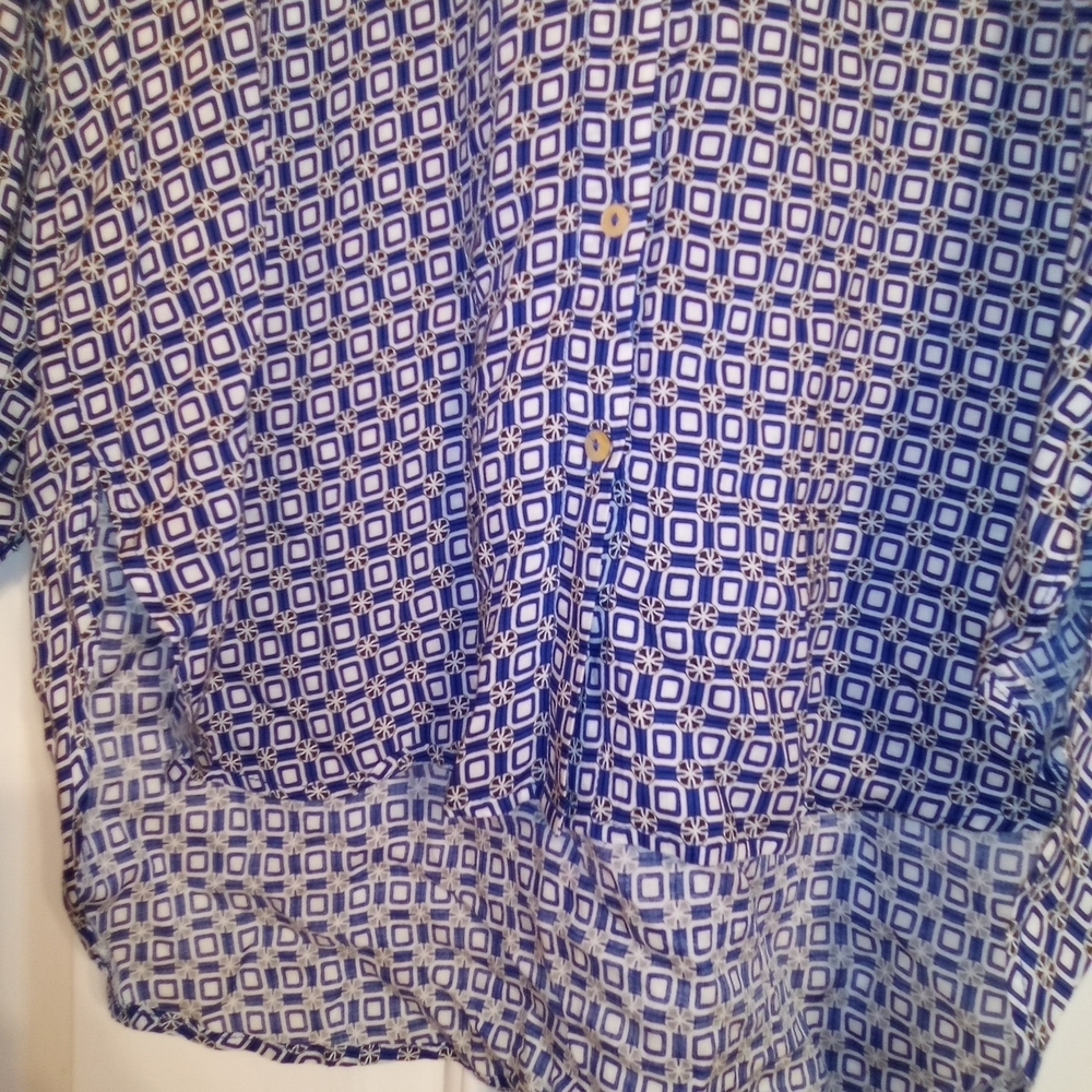 Navy Blue White Geometric Print Button Down Shirt Blouse Collared High Low Tunic - Picture 4 of 5